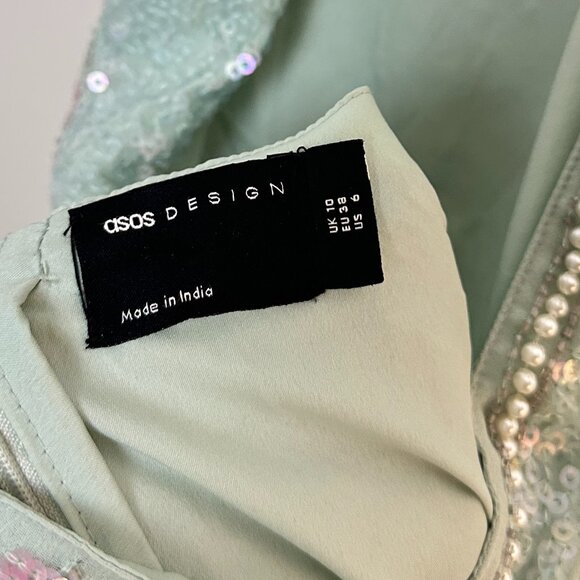 ASOS DESIGN Halter Mini Dress With Embellished Butterfly Artwork in Blue US 6 - Picture 6 of 11